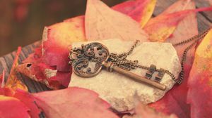 Превью обои ключ, металл, листья, осень, красные, цепочка, камень, доска