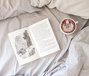 Превью обои книга, кружка, кофе, постель, уют