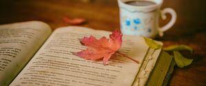 Превью обои книга, листья, чашка, осень, уют, чтение, кофе