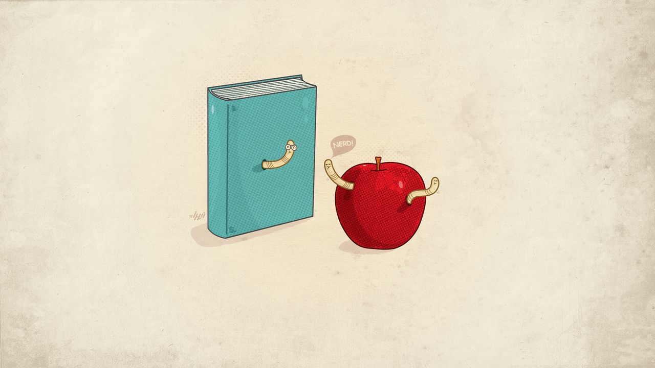 Обои книга, минимализм, червяки, яблоко