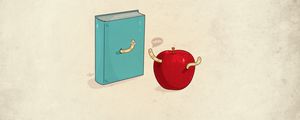 Превью обои книга, минимализм, червяки, яблоко