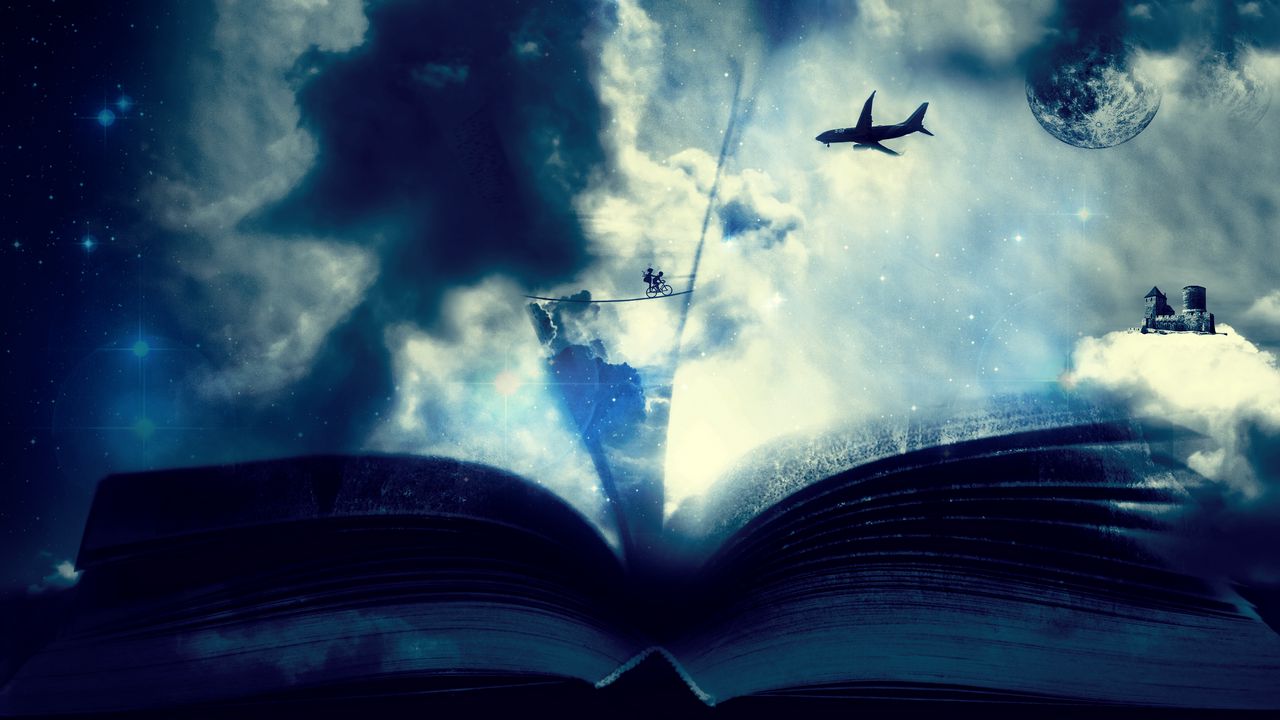 Обои книга, облака, фантазия, велосипед, самолет