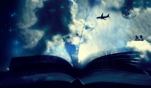 Превью обои книга, облака, фантазия, велосипед, самолет