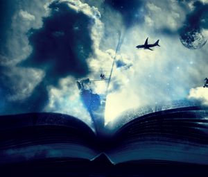 Превью обои книга, облака, фантазия, велосипед, самолет