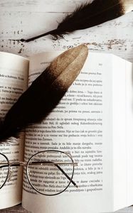 Превью обои книга, очки, перья, натюрморт