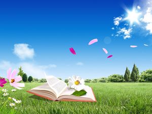 Превью обои книга, поле, цветы, полет, небо, природа, настроение
