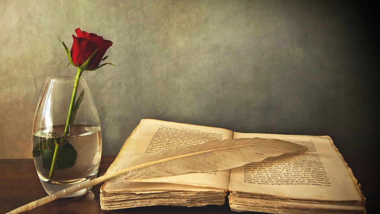 Обои книга, старая, перо, стол, ваза, роза, красная