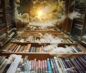 Превью обои книги, библиотека, фотошоп, полки, облака, чтение, полет
