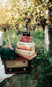 Превью обои книги, камера, дерево, виноград, ретро, эстетика