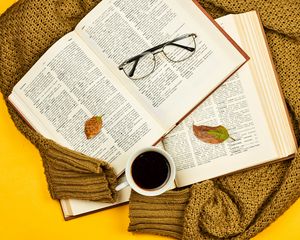 Превью обои книги, кружка, очки, листья, свитер