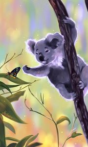 Превью обои коала, бабочка, касание, ветки, арт