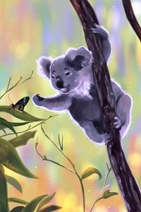 Превью обои коала, бабочка, касание, ветки, арт