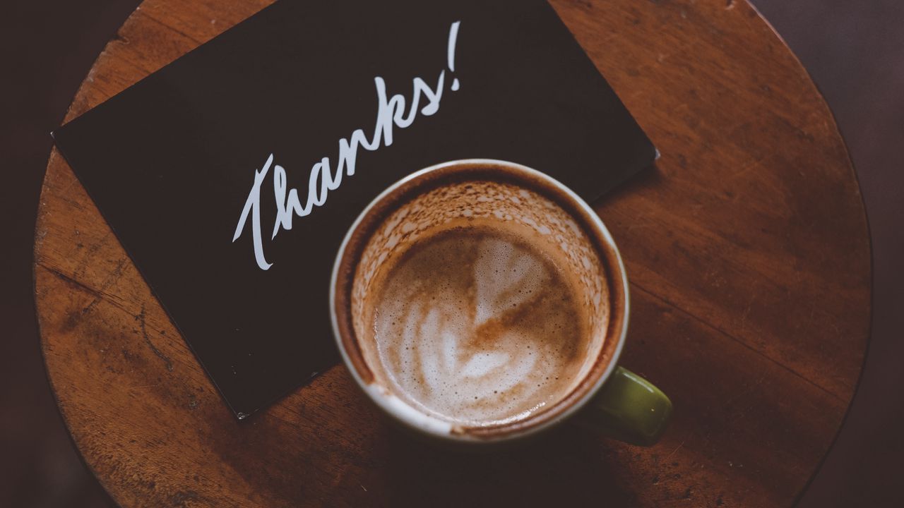 Обои кофе, чашка, карточка, текст, благодарность