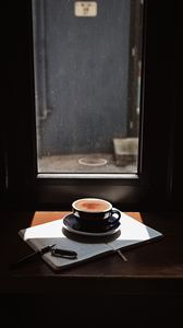 Превью обои кофе, чашка, напиток, газета, окно, комната