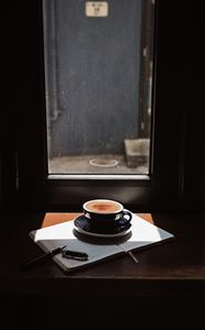 Превью обои кофе, чашка, напиток, газета, окно, комната