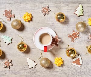 Превью обои кофе, чашка, печенье, шары, украшения, новый год, рождество