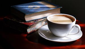 Превью обои кофе, чашка, тени, книга, напиток