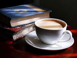 Превью обои кофе, чашка, тени, книга, напиток