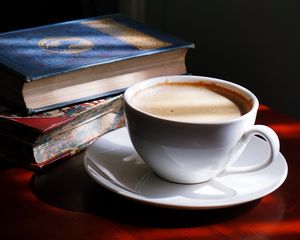 Превью обои кофе, чашка, тени, книга, напиток