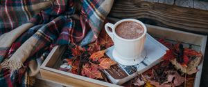 Превью обои кофе, какао, чашка, книга, листья, плед, осень