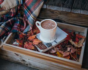Превью обои кофе, какао, чашка, книга, листья, плед, осень