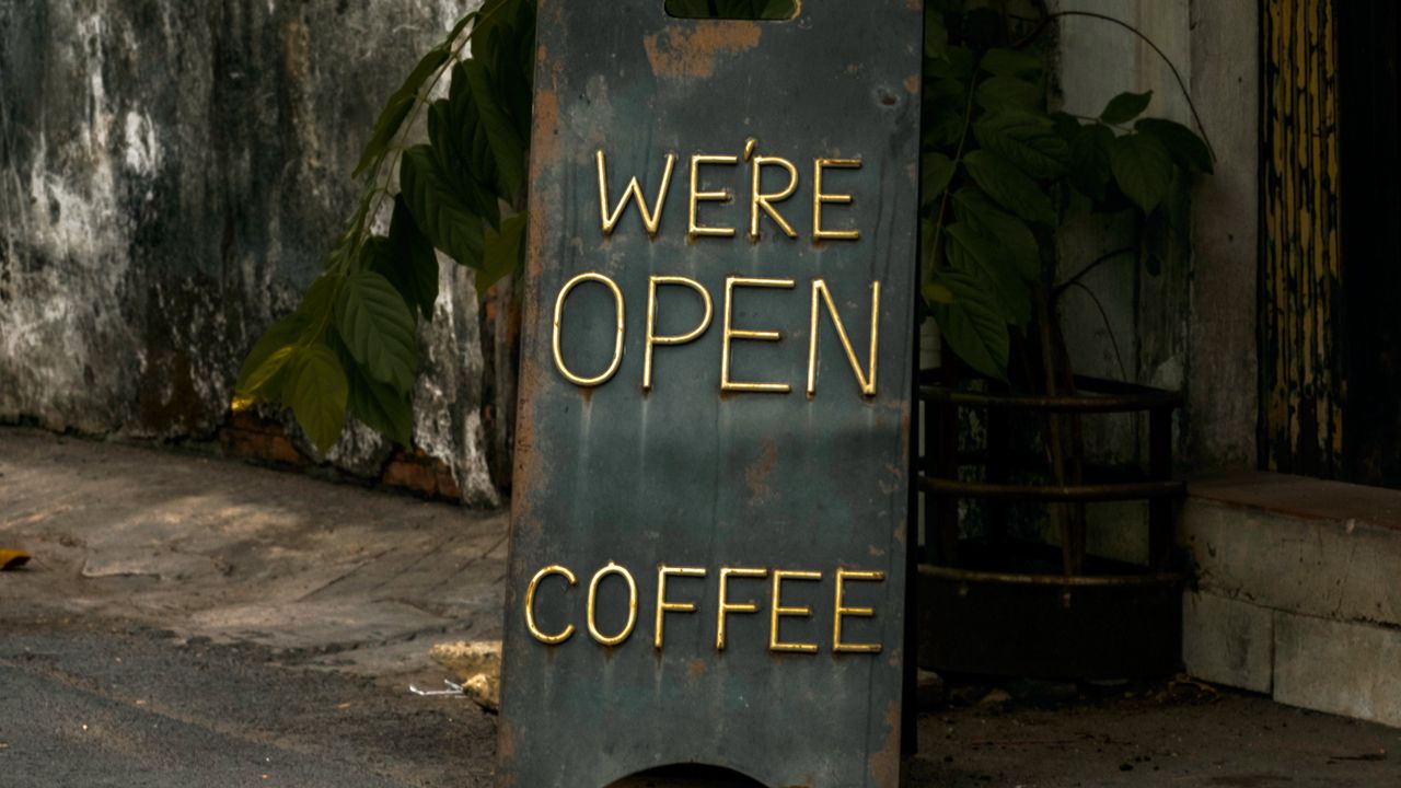 Обои кофе, надпись, открыто, слова, вывеска