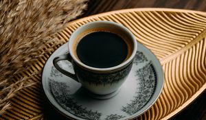 Превью обои кофе, напиток, чашка, тарелка, колосья