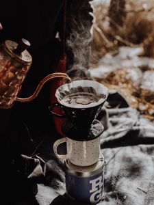 Превью обои кофе, напиток, кружки, чайник