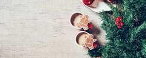 Превью обои кофе, печенье, елка, шишки, украшения, новый год, рождество