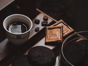 Превью обои кофе, печенье, шоколад, черный