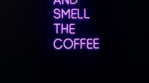 Превью обои кофе, текст, неон, вывеска, темный, фиолетовый