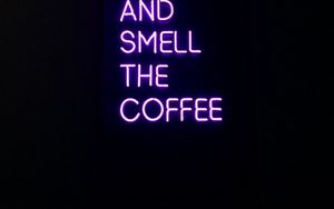 Превью обои кофе, текст, неон, вывеска, темный, фиолетовый