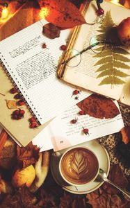 Превью обои кофе, тетрадь, осень, текст, надпись