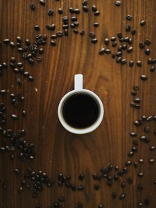 Превью обои кофейные зерна, зерна, кофе, чашка, напиток, поверхность