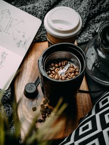 Превью обои кофемолка, кофейные зерна, кофе
