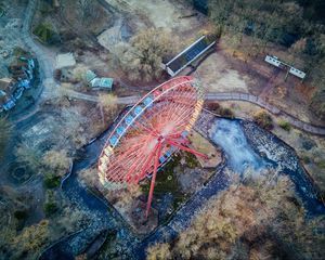 Превью обои колесо обозрения, вид сверху, город