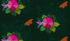 Превью обои колибри, цветы, птицы, узоры