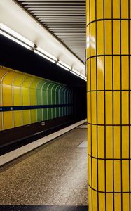 Превью обои колонна, метро, тоннель, желтый
