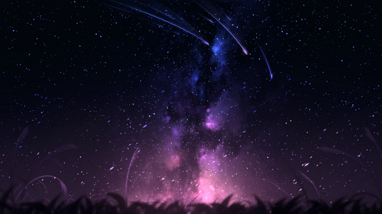 Обои кометы, звезды, космос, трава, арт