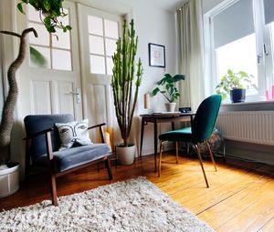 Превью обои комната, интерьер, кресло, стол, комнатное растение