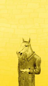 Превью обои конь в пальто, желтый фон, минимализм