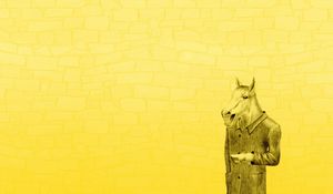 Превью обои конь в пальто, желтый фон, минимализм