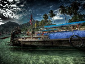 Превью обои корабль, берег, вода, небо, hdr