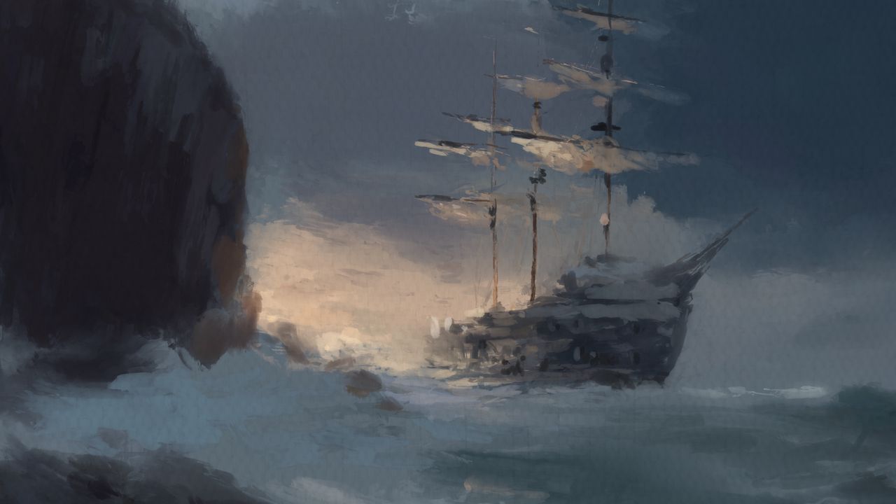Обои корабль, камни, море, волны, облака, мазки, арт
