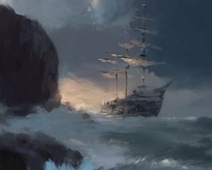 Превью обои корабль, камни, море, волны, облака, мазки, арт