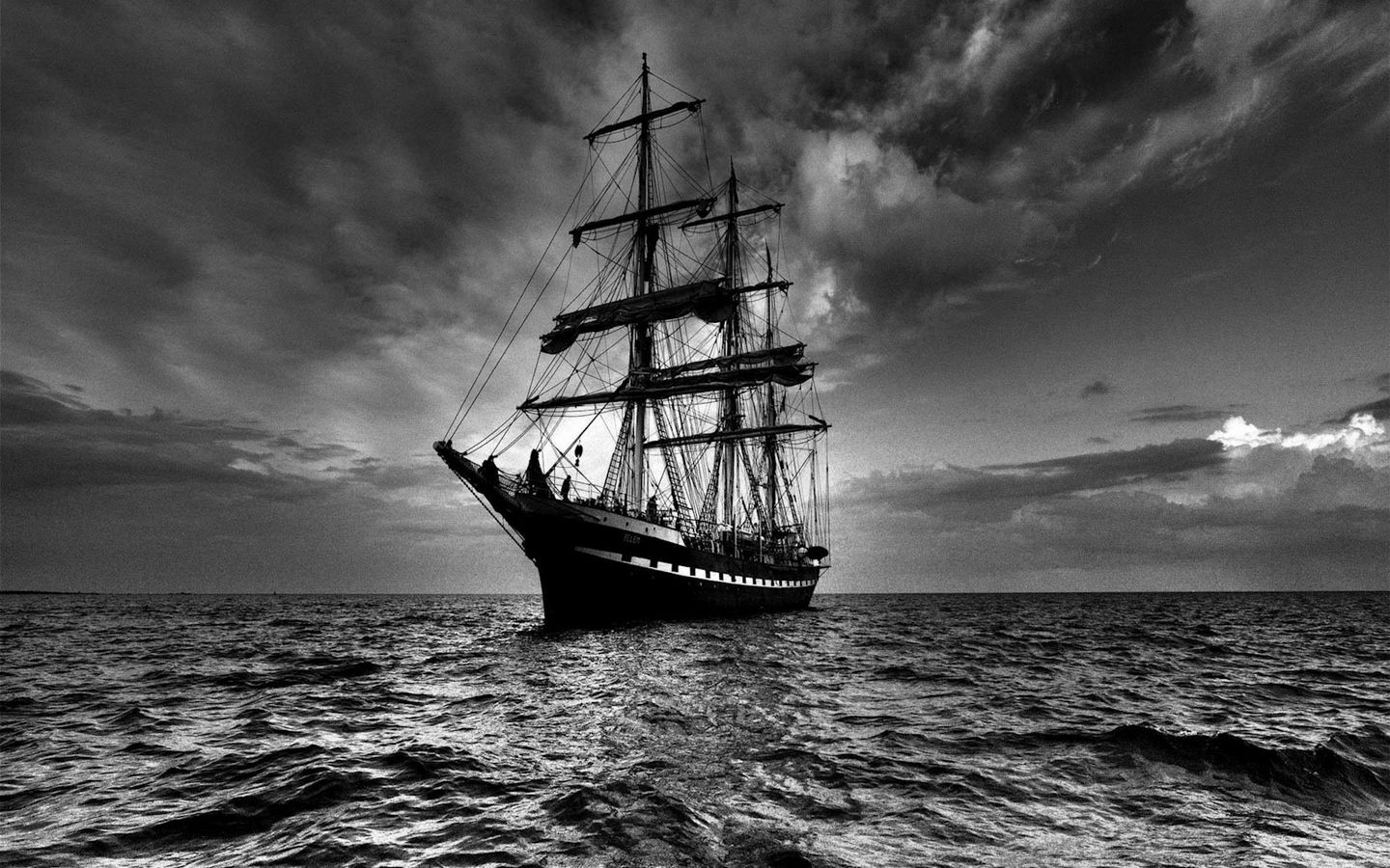 1440x900 Обои корабль, море, паруса, буя, чб