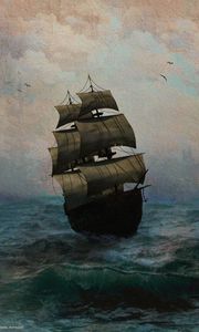 Превью обои корабль, море, шторм, картина, холст, арт