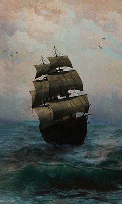 240x400 Обои корабль, море, шторм, картина, холст, арт