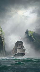Превью обои корабль, море, скалы, туман, арт