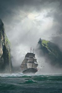 Превью обои корабль, море, скалы, туман, арт